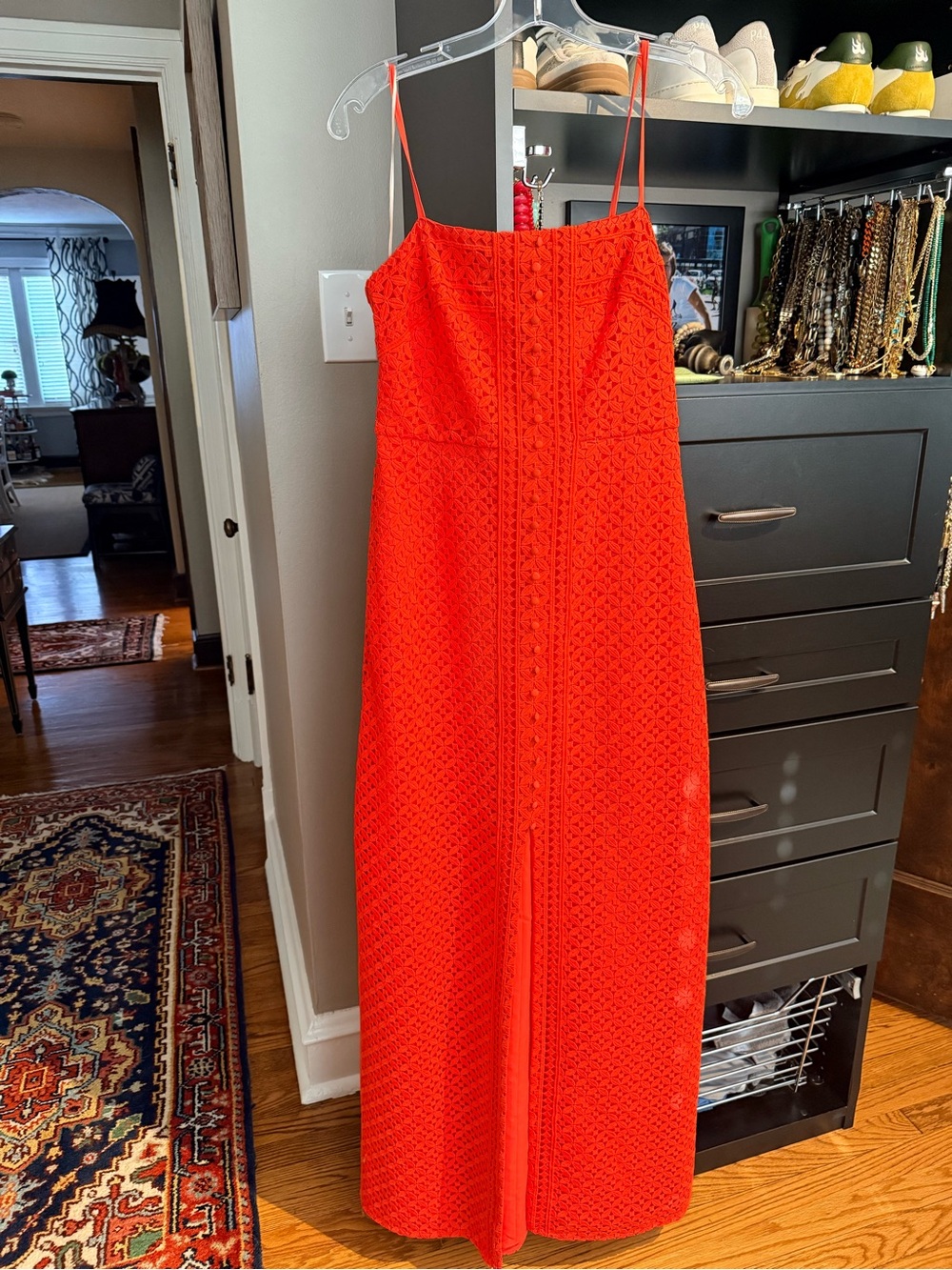 Trina Turk Vibrant Orange-Red Eyelet Maxi Dress with Spaghetti Straps